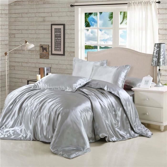 Parure De Lit 4 Pièces 220x240 Cm Gris – Housse De Couette + Drap Housse 160x200 + 2 Taies 65x65, Microfibre 120 Fils, Doux & Résistant
