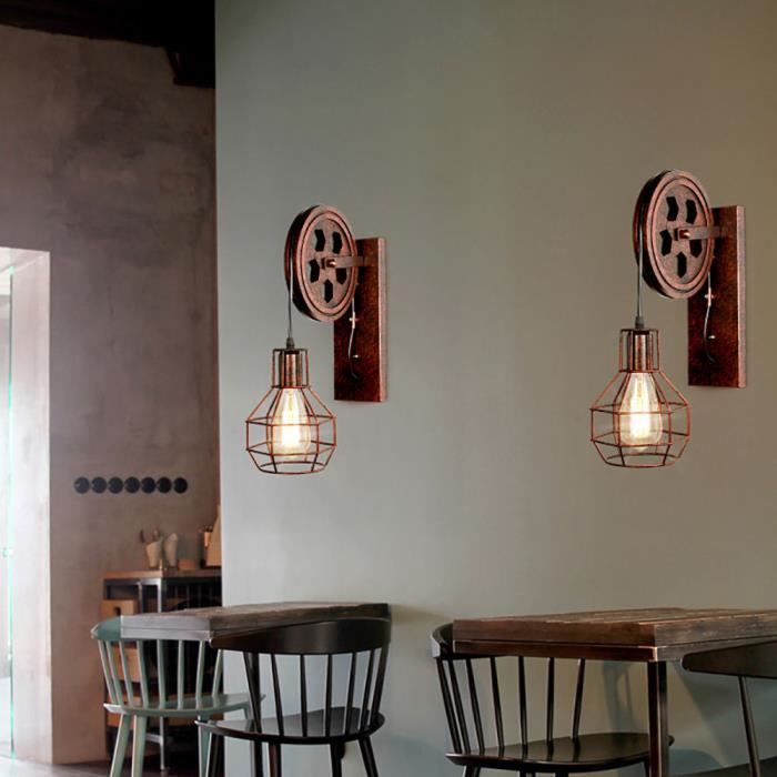 UNI 2 Pack E27 Douille Fer Poulie Applique Murale Intérieur Rétro Luminaire Eclairage Industriel