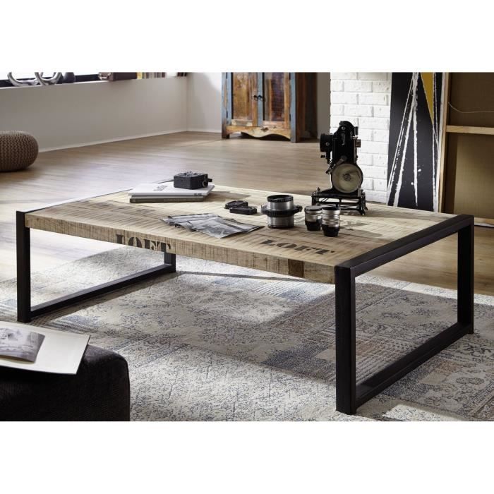 Table basse industrielle 140x80cm Bois massif de manguier brut Fer