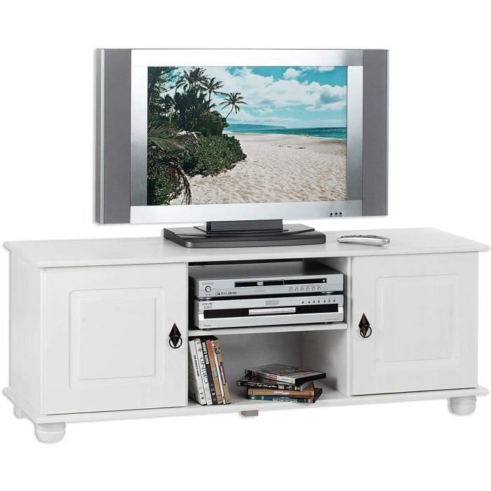 Meuble TV En Pin Massif Style Mexicain Campo - Blanc Et Brun, 2 Tiroirs + 1 Niche - Dimensions 99x54x44 Cm