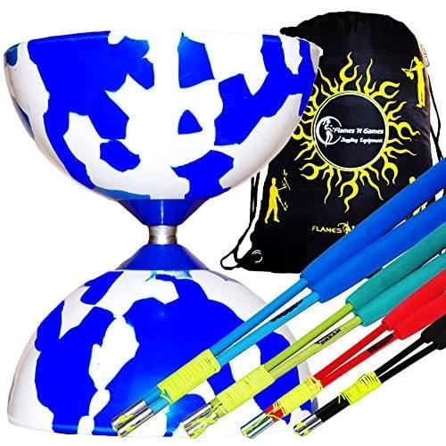 Diabolo Jester bleu et blanc avec bâtons en aluminium et sac de transport – Ensemble Diablo en caoutchouc