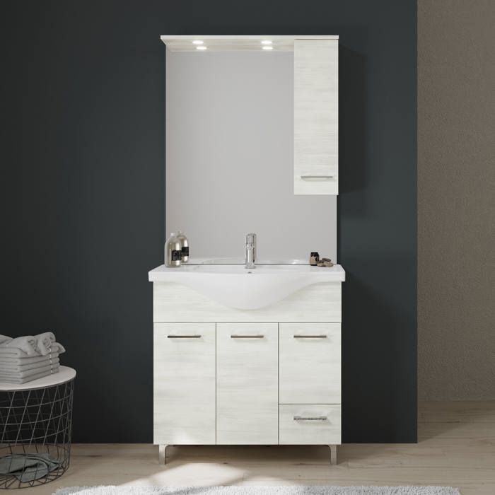 MEUBLE DE SALLE DE BAIN SUR PIEDS CM85 AVEC PORTES ET TIROIRS CHÊNE BLANC RIMINI MEUBLE DE SALLE DE BAIN SUR PIEDS CM85 AVEC PORTES ET TIROIRS CHÊNE BLANC RIMINI