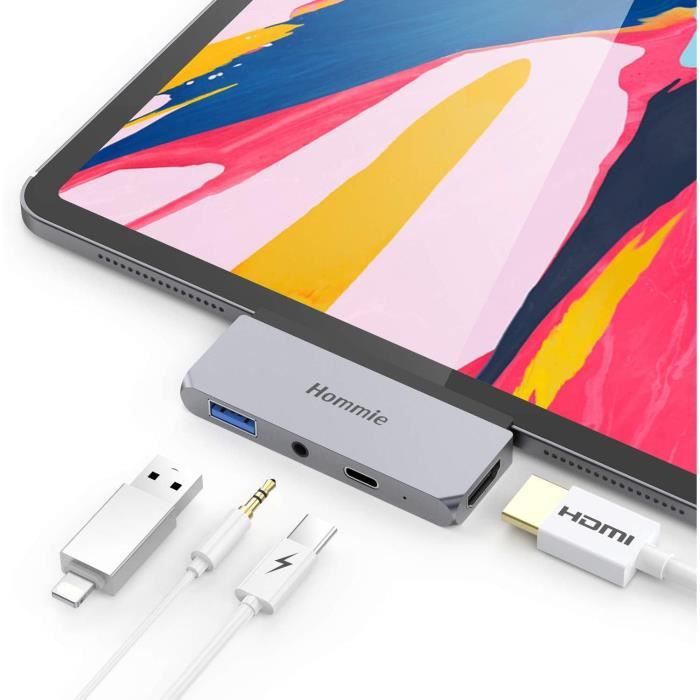 Adaptateur Hub USB Type-C avec Port de Charge USB C, HDMI 4K, Prise de Casque 3.5mm, Port USB 3.0 pour iPad Pro 2018