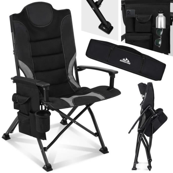 Chaise de camping pliante charge 150kg avec porte gobelet Noir-Gris Chaise de camping pliante charge 150kg avec porte gobelet Noir-Gris