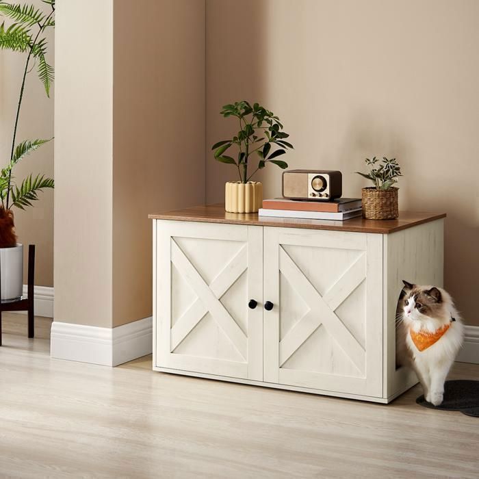 Meilleurs prix pour Maison de Toilettes pour Chat, avec Séparateur Amovible, 80 x 53 x 50 cm, Marron Miel et Blanc Rustique