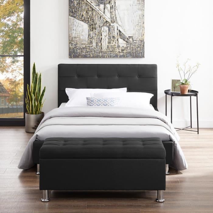Banc De Lit Nizza Coffre De Rangement Avec Assise Pouf Capitonne Bout De Lit Avec Pieds En Metal Chrome Structure Mdf Et Tissu Noir Achat Vente Bout De Lit Banc