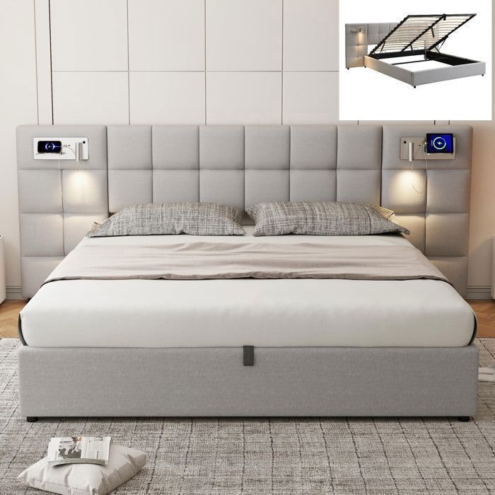 Lit double 180x200 cm - VVBV - Lit capitonné - Port USB & recharge sans fil - Rangement hydraulique - Gris