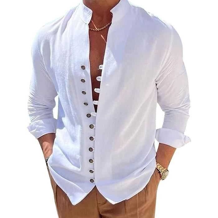 Chemises Casual Homme Chemise Col Mao Homme Cotten Lin Chemise Ete Homme Bouton Chemise Homme Manches Longues Poids LGer Chemise