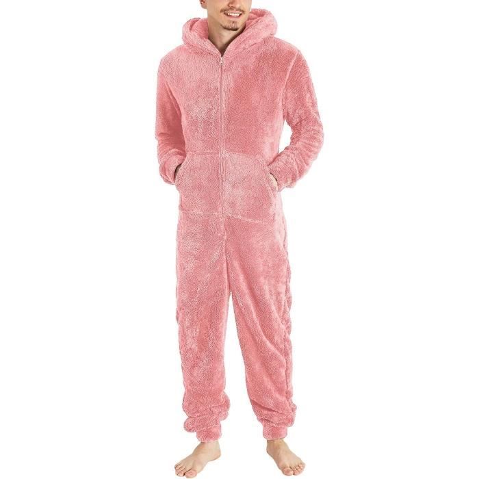 Grenouillere pour Homme Pyjama en Flanelle a Capuche Pyjama Une piece en Onesie en Peluche Comfortable Homme Sleepwear Ample Rose