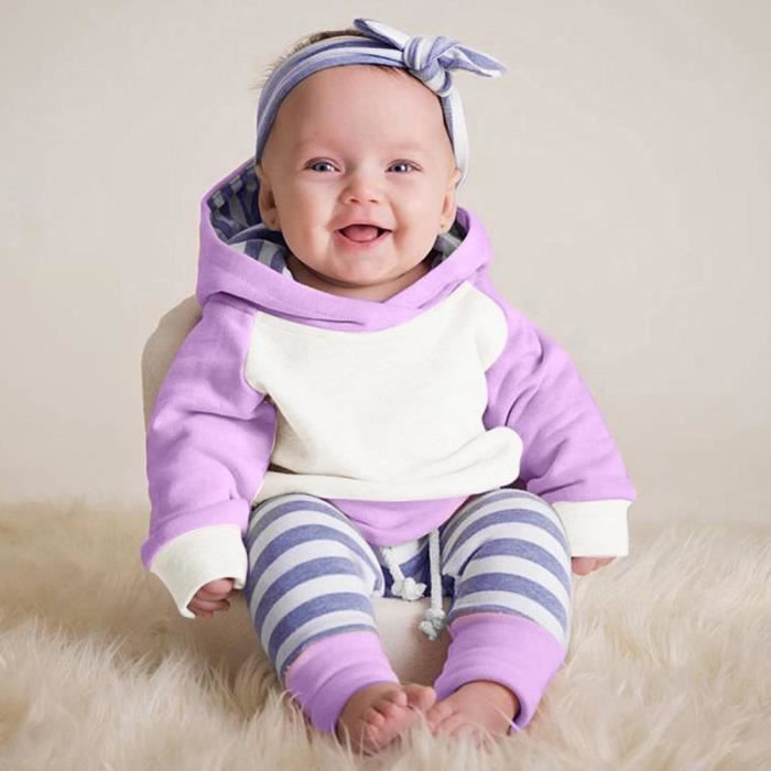 3pcs Tout Petit Bebe Garcon Vetements Fille Ensemble Capuche Hauts Pantalons Tenues Bandeau Violet Violet Cdiscount Pret A Porter