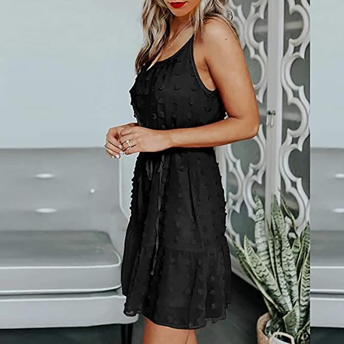 Robe femme decontractee solide sans manches fronde col rond bandage robe courte Noir Noir Cdiscount Pret a Porter