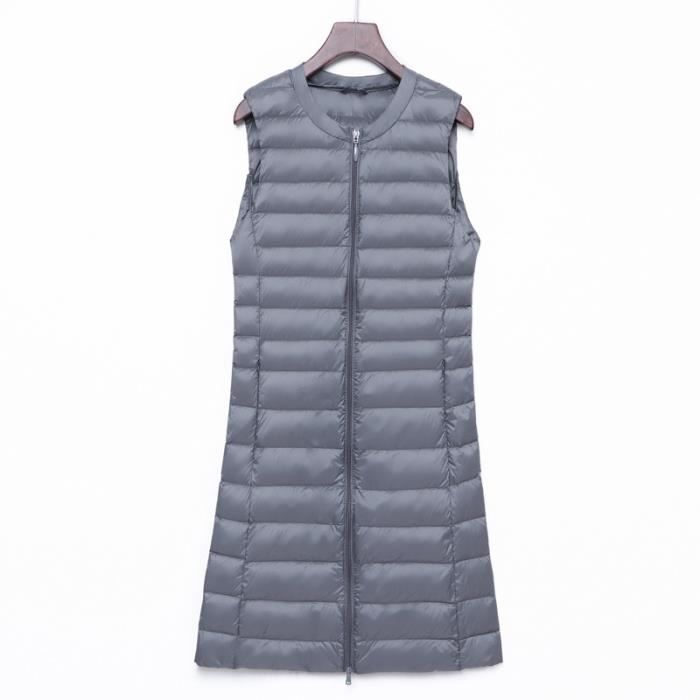 Gilet Long en duvet Ultra l?�ger pour femme - GRIS - Coupe-vent, l?�ger et chaud - Sans manches 
