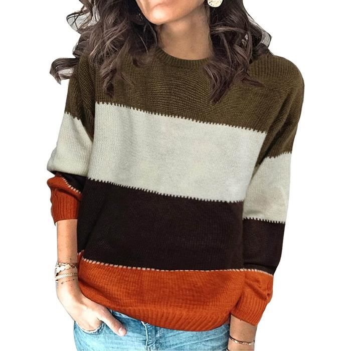 Pull Femme ​Chic Hiver Chaud Pas Cher Rayé Ample Mode Pullover Col Rond  Hauts Manche Longue Pull Tricoté