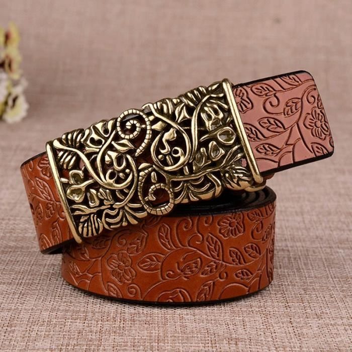 Ceinture fine en cuir de vachette 15mm - boucle en résine Marron Blanc - T 85cm