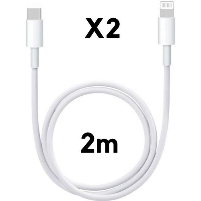 LOT 2 Cable USB-C Lightning 2m pour iPhone 14-14 PLUS-14 PRO-14