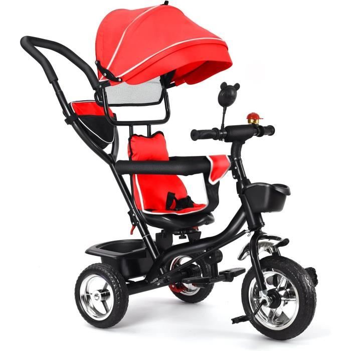 Tricycle Évolutif 4 En 1 Bébé - Avec Canne Télescopique, Pare-Soleil, Panier - 10 Mois à 3 Ans - Rouge