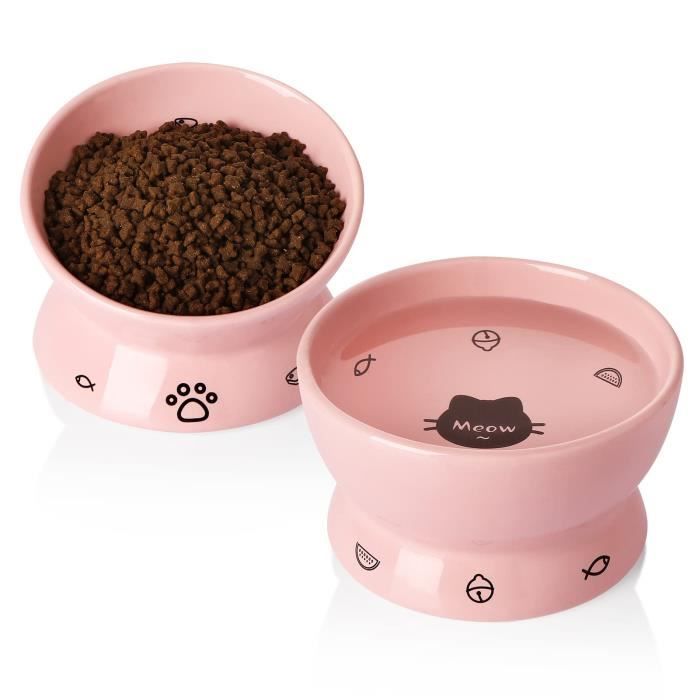 Comparer les prix de SWEEJAR Gamelle Chat Surélevée en Céramique, Lot 2 de Bols Chat Anti-dérapant - Capacité 140 g et 400 g - Rose