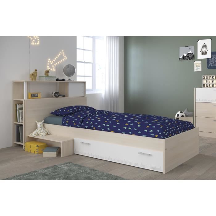 PARISOT Ensemble lit + tête de lit avec rangement - Style contemporain - Décor acacia clair et blanc