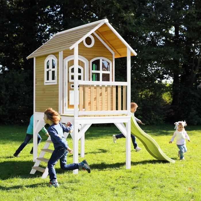 AXI Maison Enfant Beach Lodge XL – Cabane En Bois Avec Toboggan Vert Et Escalier, Jardin 167x240x189 Cm