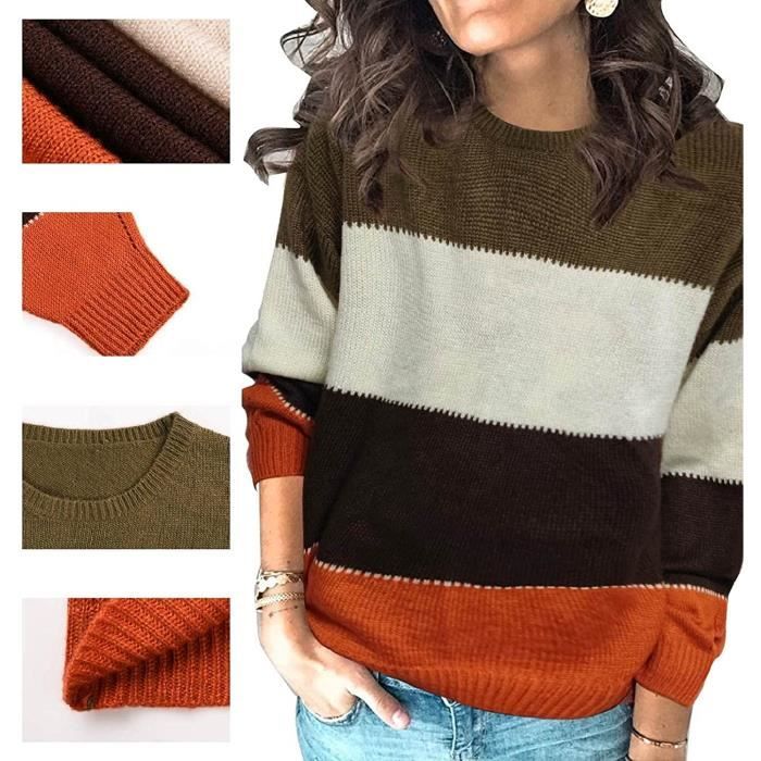 Pull Femme ​Chic Hiver Chaud Pas Cher Rayé Ample Mode Pullover Col Rond  Hauts Manche Longue Pull Tricoté