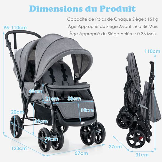 LIFEZEAL Poussette Double Pliable Pour Jumeaux, Poussette Canne 2 Places Réglable En 3 Positions Avec Cosy, Roues Universelles Avec Freins, Charge De 15 15 KG (Bleu