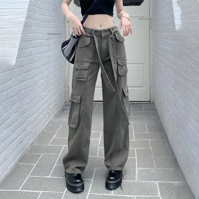 Jeans cargo nouveau jean taille haute femme Pantalon large a bretelles multi poches au design ample et decontracte