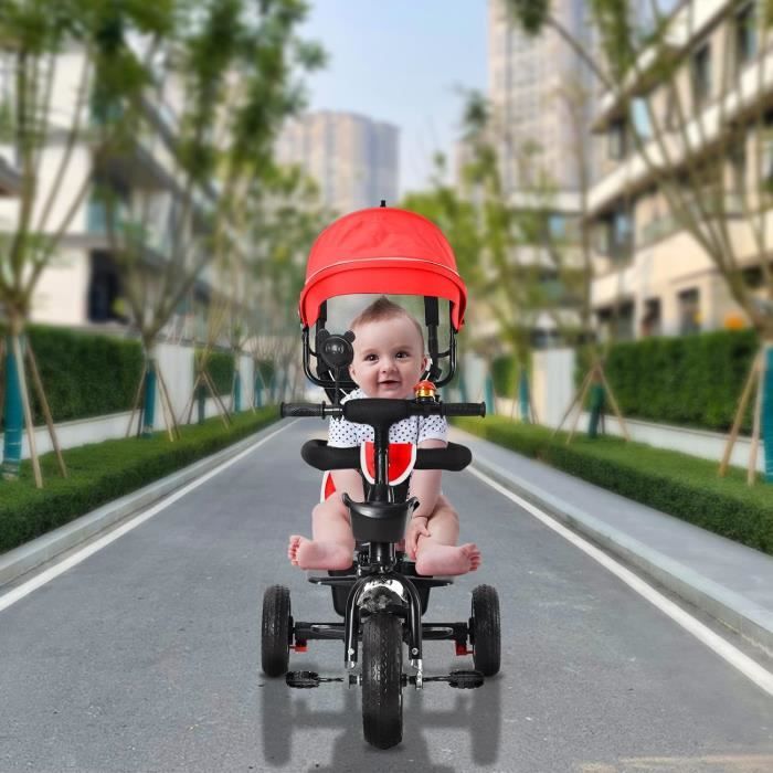 Tricycle Vélo Enfant 4 En 1 HUOLE - Pliable Avec Espace Rangement Et Pare-Soleil - Pour Bébé 10 Mois à 5 Ans (Gros Rouge)