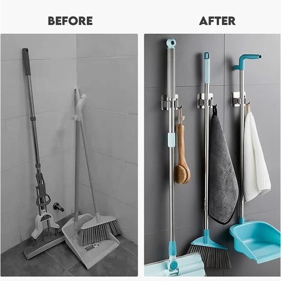 Accroche Balai Mural Auto-Adhésif Inoxydable - Lot De 3 Crochets Pour Balai, Serpillière - Sans Percer, Pour Cuisine, Salle De Bain, Garage