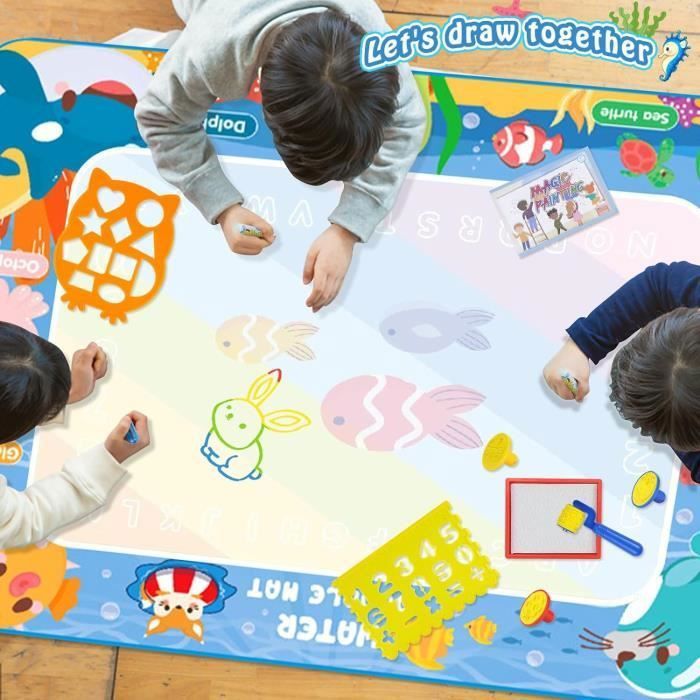 Tapis De Dessin à L'Eau 110x70 Cm – Jouet Éducatif Réutilisable Pour Enfants 1-3 Ans, Kit Peinture Propre Avec Stylos Et Pochoirs – Cadeau Idéal