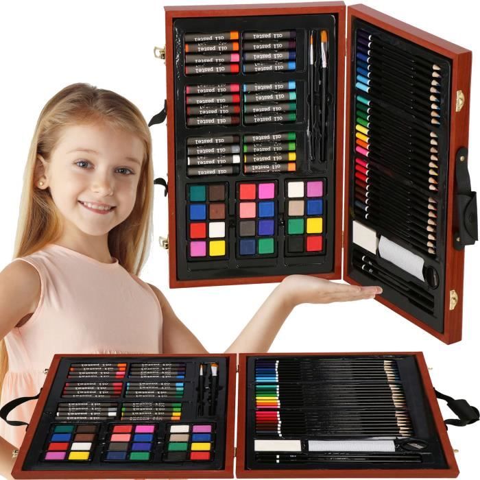 Springos set de dessin et de peinture pour enfants set de 80 pièces coffret  en bois set d'accessoires de peinture set créatif de dessin crayons de  couleur - Conforama