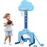 COSTWAY Panier de Basketball pour Enfant 3 en 1 : Jet Football et Golf, Hauteur Réglable(77-116cm) 2-7 Ans, Azur