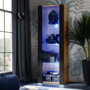 VITRINE - ARGENTIER Vitrine Armoire Tivoli Komodee - LED bleues - Noir Mat & Bois naturel - L55cm x H159cm x P35cm