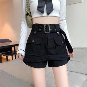 JUPE Lucyever-Mini jupe taille haute pour femme avec ceinture,style coréen,culotte courte,streetwear Y2K,grandes poches- Black[A7824]