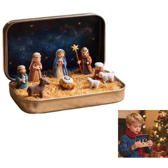 Mini Crèche De Noël Portable En Boîte Fer Blanc - Figurines Sainte Famille En Résine, Décoration De Table Ou Cadeau Spirituel (8,8x11,5x2,8 Cm)