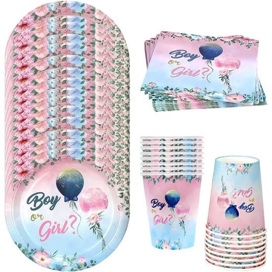 Bleu Rose Gender Reveal Kit Vaisselle 96 Pièces – Pour 24 Invités, Assiettes Gobelets Serviettes Bébé Shower