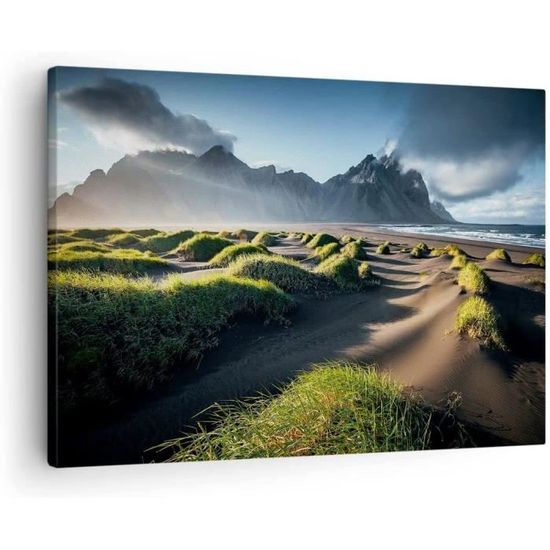 Tableau Toile Triptyque 5 Parties Volcan Lac 125x70 Cm - Décoration Murale Salon Chambre - Impression Qualité, Prêt à Accrocher