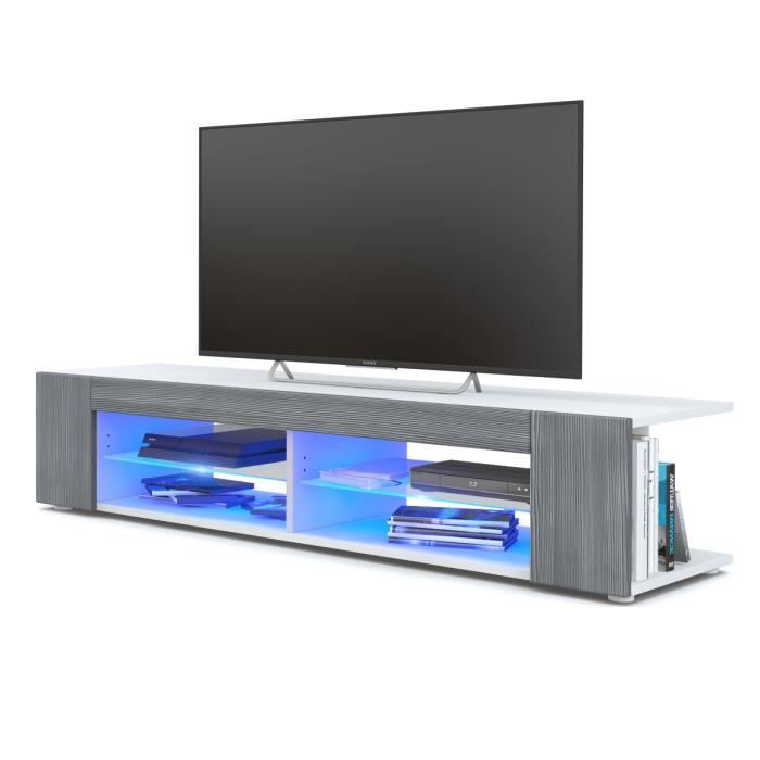 Meuble TV Armoire basse Movie, Corps en Blanc mat - Façades en Avola-Anthracite avec l'éclairage LED en Bleu