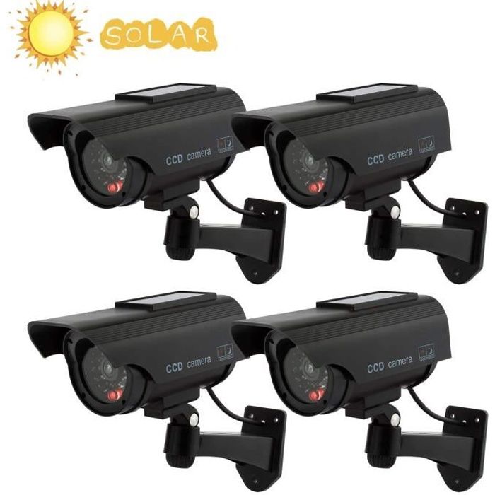 Caméras factices avec Panneau Solaire 4 Pack Fausse de Sécurité Caméra CCTV avec LED Lumière pour Usage Intérieur Extérieur Noir