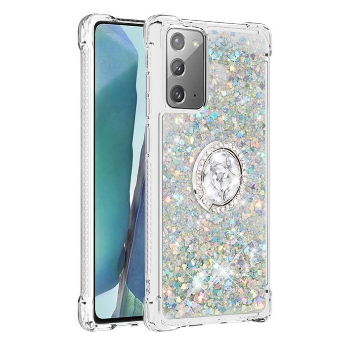 Coque Samsung Galaxy Note 20, Brillant Silicone Souple Support Bague Liquide Paillette Élégante Anti-Rayure, Argent