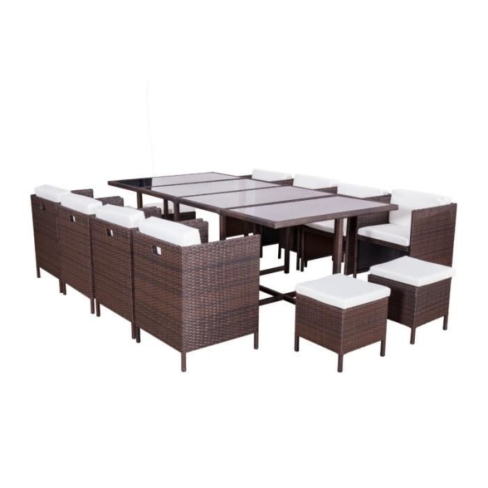 12 Places - Ensemble encastrable salon / table de jardin résine tressée - Marron / Ecru - MUNGA 12