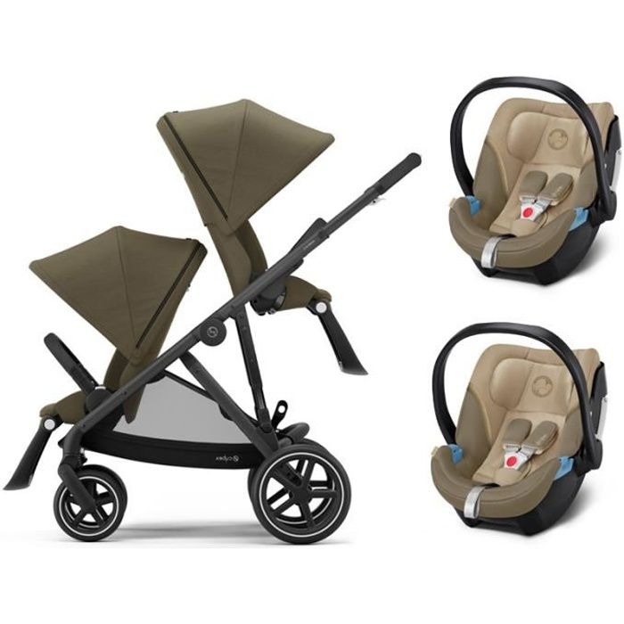 CYBEX Gazelle S Jumeaux - Poussette (6+) avec deux siège auto - Pliage compact - châssis noir - Beige