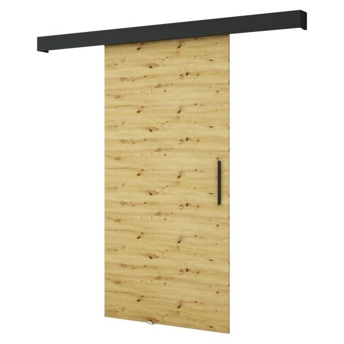 Ensemble Porte coulissante interieur avec rail POGO I - Artisan + Lunette noire mate + Poignée noire mate - 90x204cm