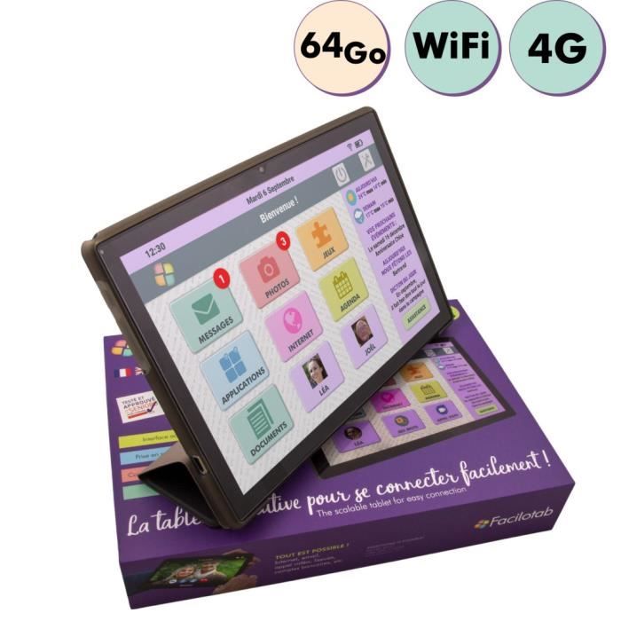 Tablette Facilotab L Rubis - WiFi/4G - 64 Go - Android 11 - Etui - Tablette simplifiée pour Seniors