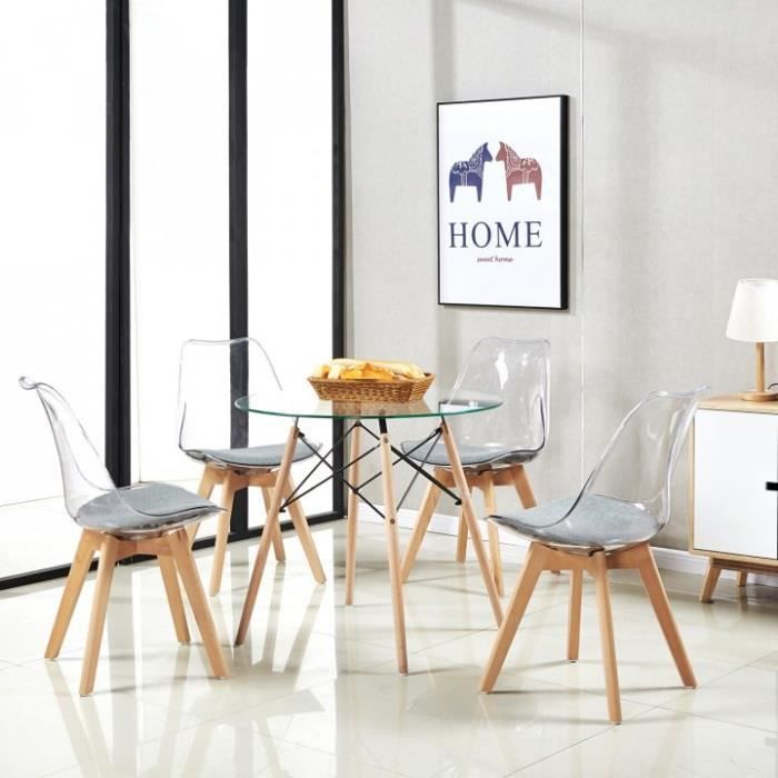 H.J WEDOO Ensemble table ronde à Manger de 2 à 4 personnes Cuisine en Verre Pieds en Bois+Lot de 4 Chaises transparente Scandinave