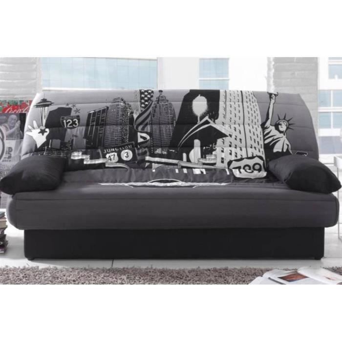 CLIC CLAC convertible LAUSANNE imprimé New York 130*190cm matelas 12cm noir tissu Inside75