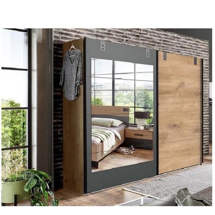 Armoire coulissante VERNON style industriel 1 porte chêne 1 poutre porte miroir vintage Mirroir Inside75