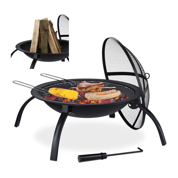 Relaxdays Brasero XL, grillage, tisonnier, protection étincelles, couverture, jardin, terrasse, foyer D 56,5cm, noir - 4052025928940
