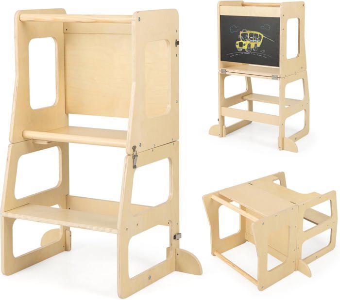GOPLUS Marchepied 3 Étapes Réglable Pour Enfants - Avec Poignées Antidérapantes Gris