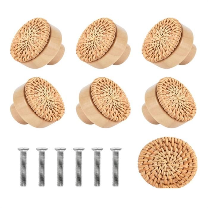 10PCS PoignéEs en Bois HêTre Rotin Tiroir Boutons Meubles PoignéE Cuisine Placard Porte PoignéE Commode Tire 30MM