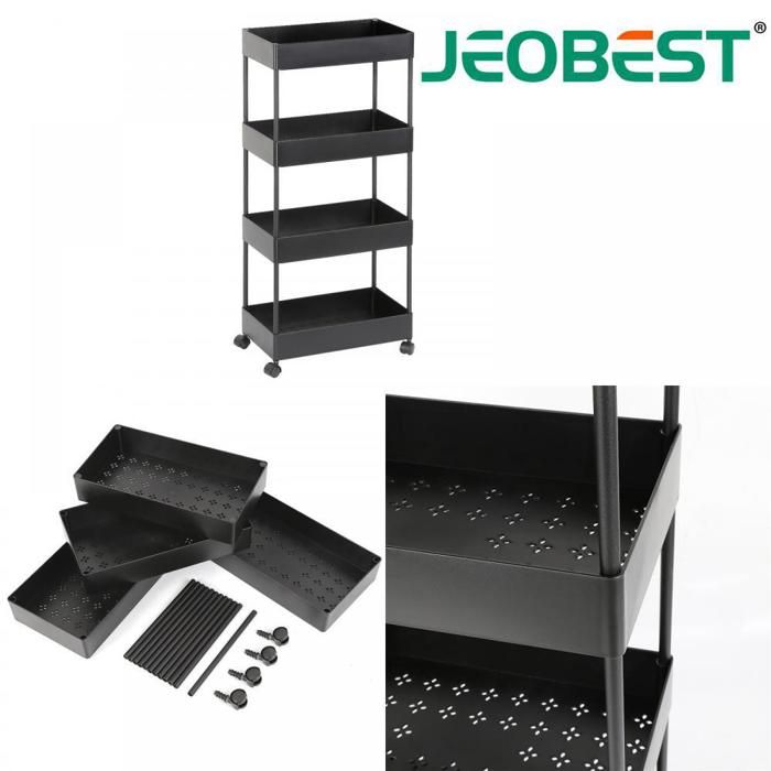 JEOBEST. Desserte à roulettes Chariot de Rangement Étagère Roulante 4 Niveaux Gain de Place 40*22*90cm Noir